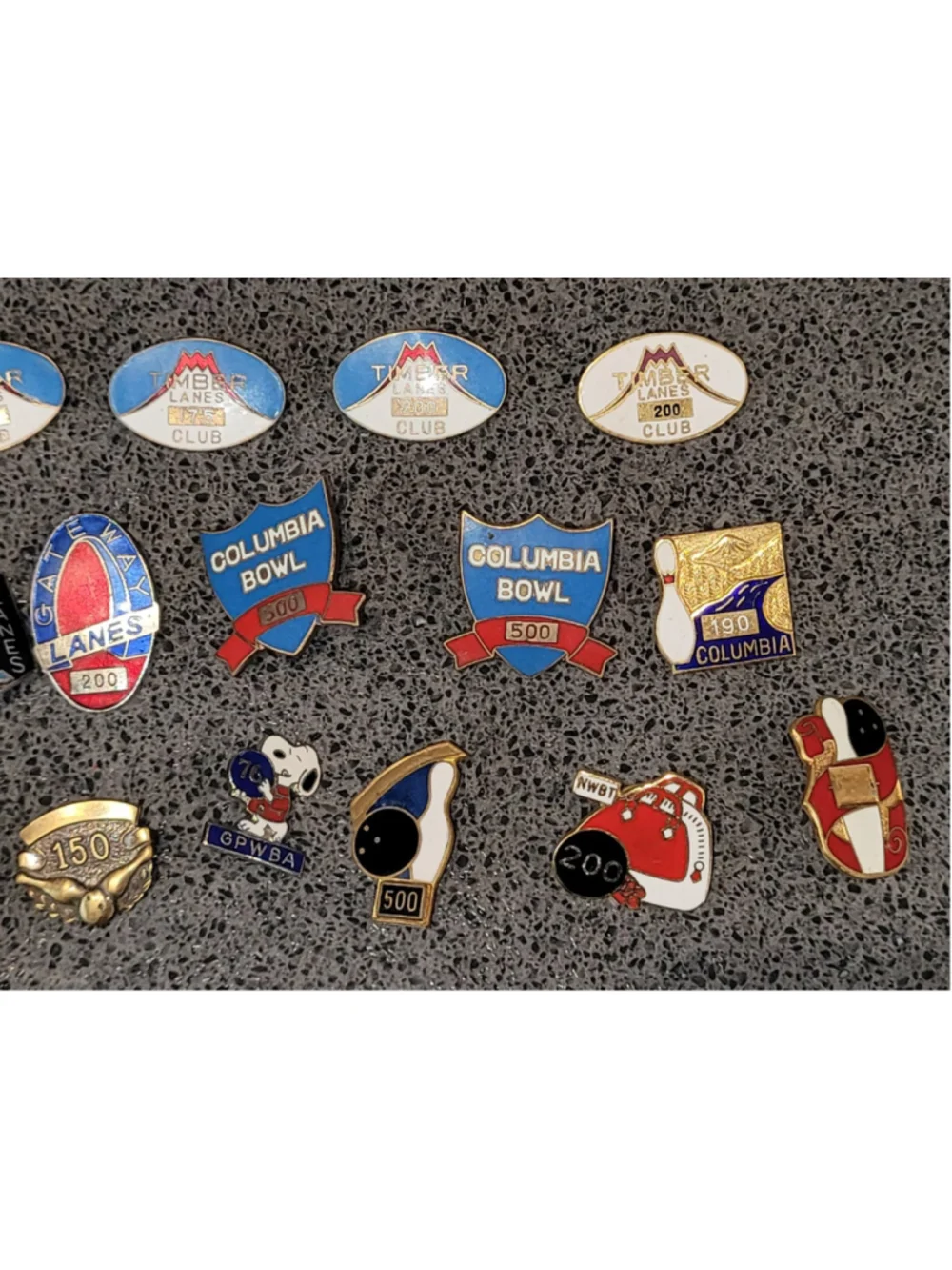 Vintage Bowling Pin Lot Snoopy GPWBA Columbia Timber Lanes Cascade 500 200 Club